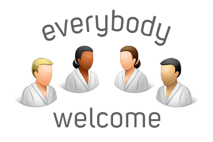 Everybody is welcome! [Drawing of various stylised faces]
